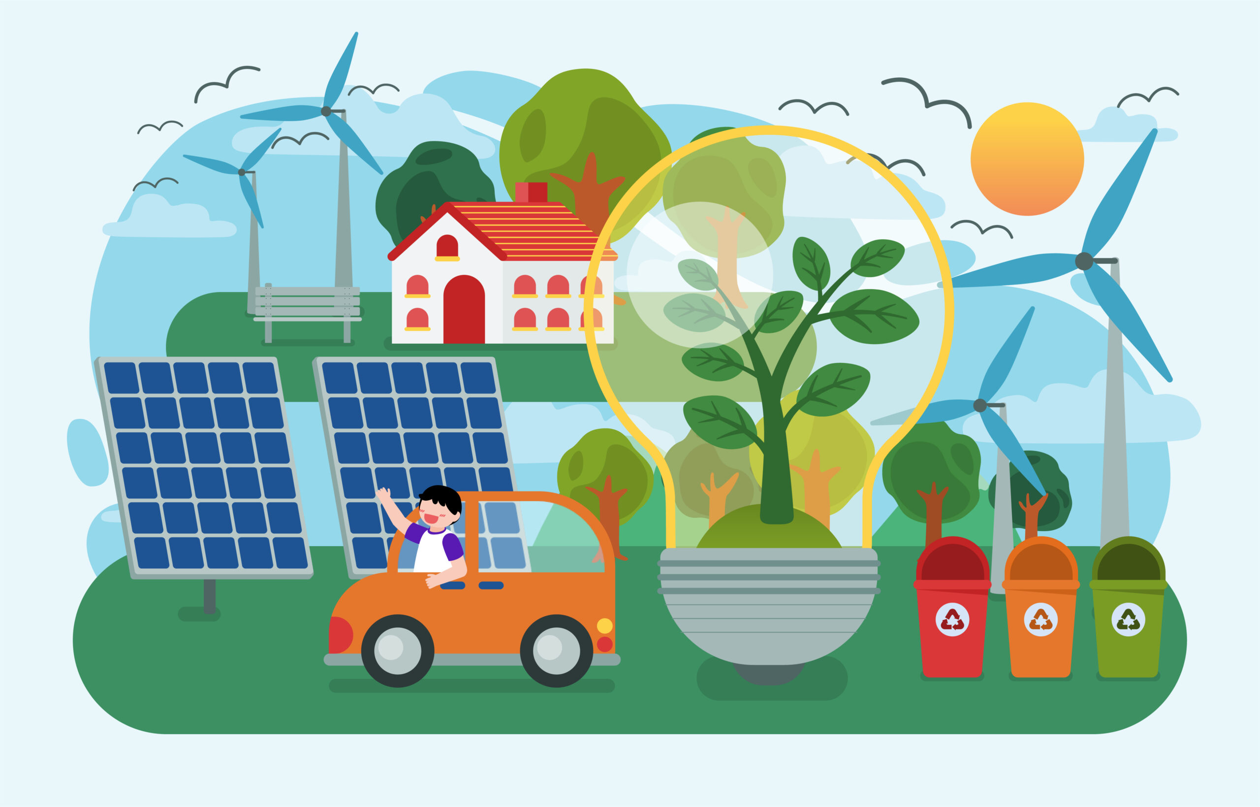 The children planting trees and using renewable energy from nature with Solar energy From solar panel and wind turbine, Happy earth day concept, vector illustration